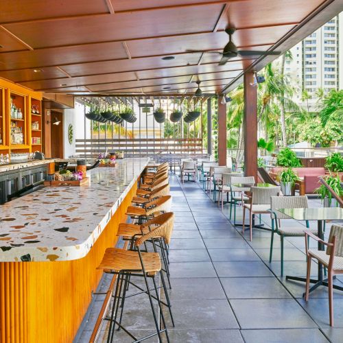 The image shows an open-air bar area with a long counter, bar stools, and tables, surrounded by plants and a cityscape in the background.