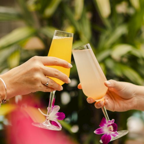 Two hands clinking champagne glasses with colorful drinks and flowers, against a leafy background.