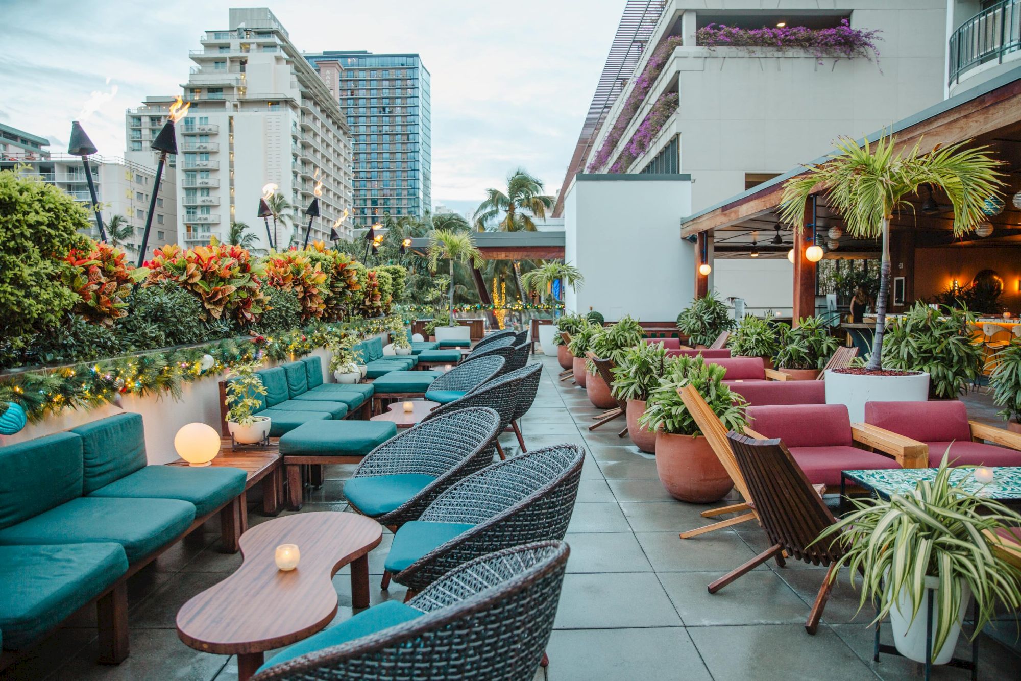 The image shows an outdoor rooftop terrace with tables, chairs, plants, and city buildings in the background, creating a cozy atmosphere.